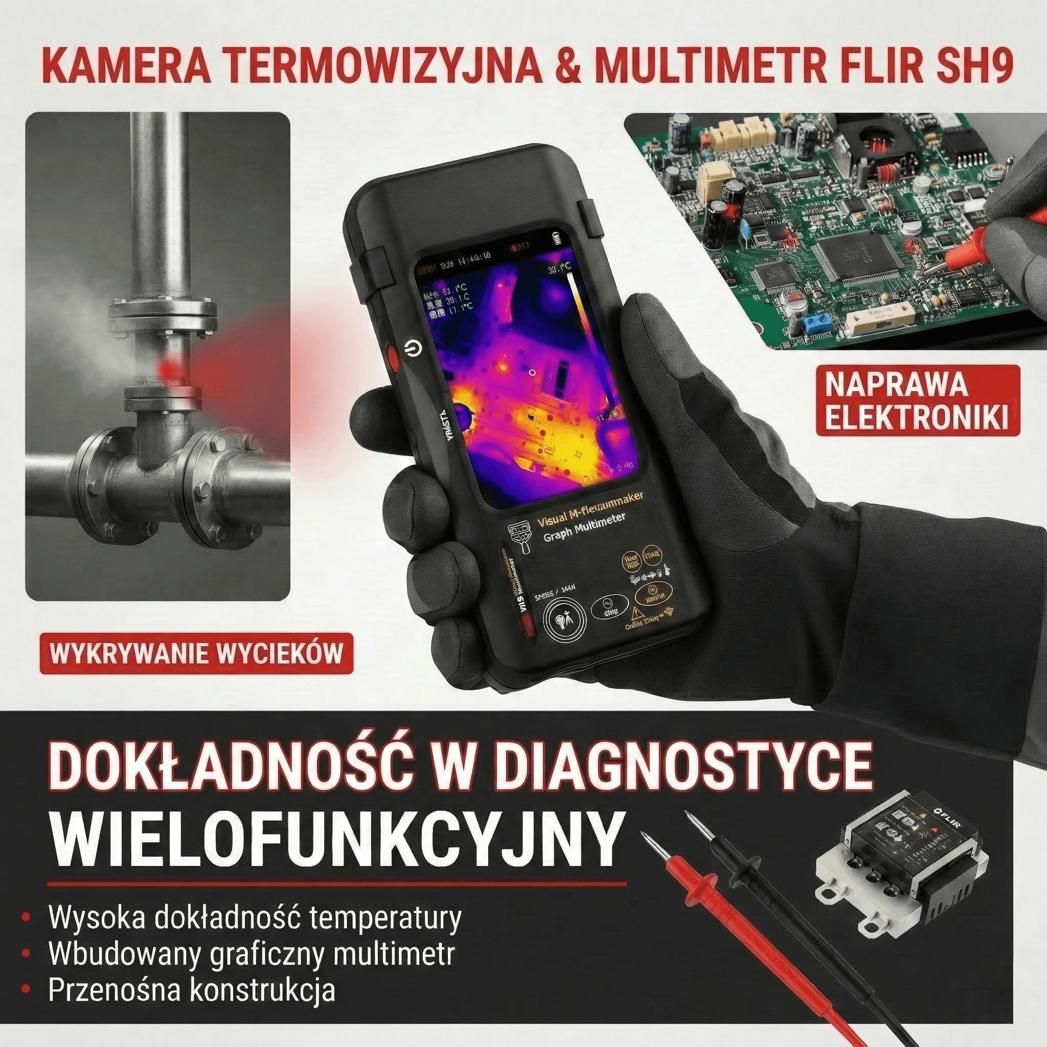 Multimetr termowizyjny FLIR SH9: Precyzyjne, wielofunkcyjne urządzenie przenośne, idealne do wykrywania wycieków w przemyśle, naprawy elektroniki oraz pomiaru temperatury.